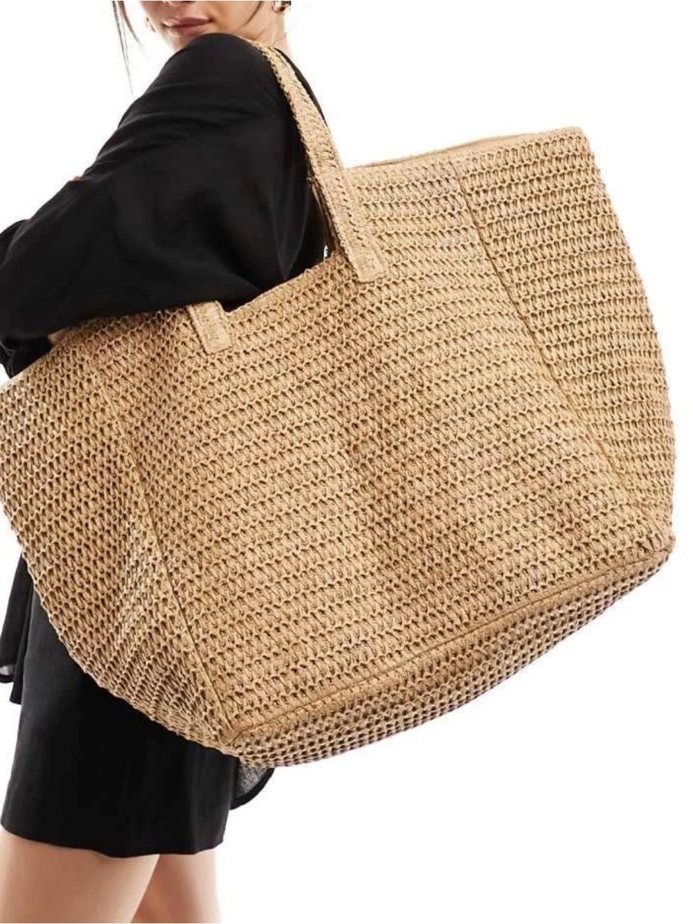 Natural Woven Straw Tote Bag with Shoulder Straps